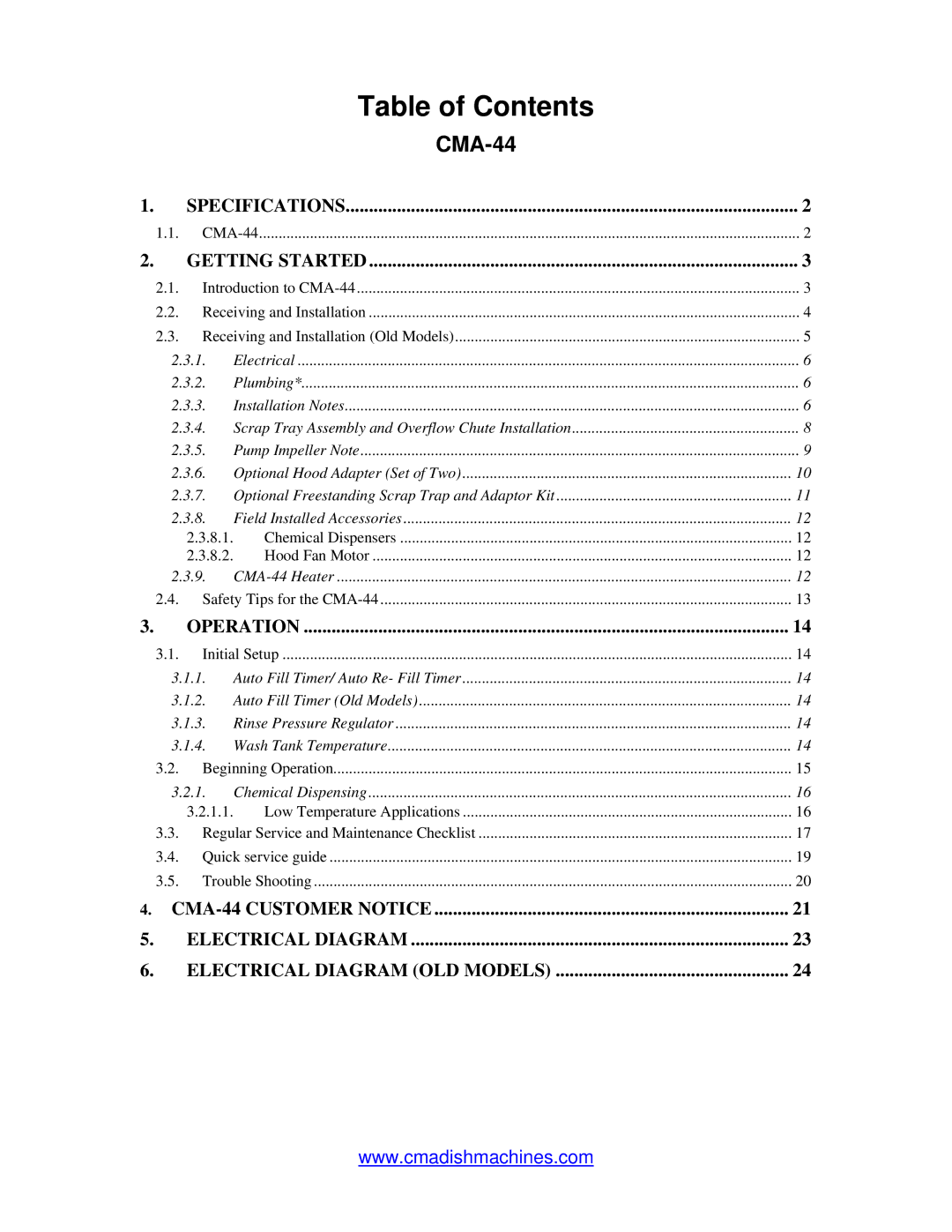 CMA Dishmachines CMA-44 manual Table of Contents 