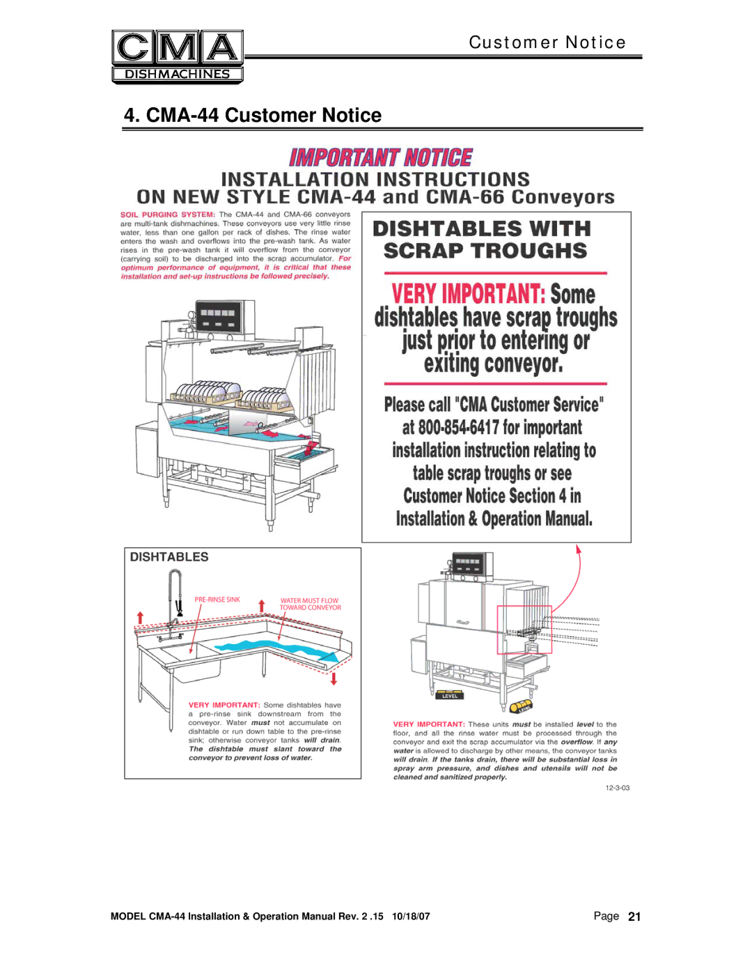 CMA Dishmachines manual CMA-44 Customer Notice 