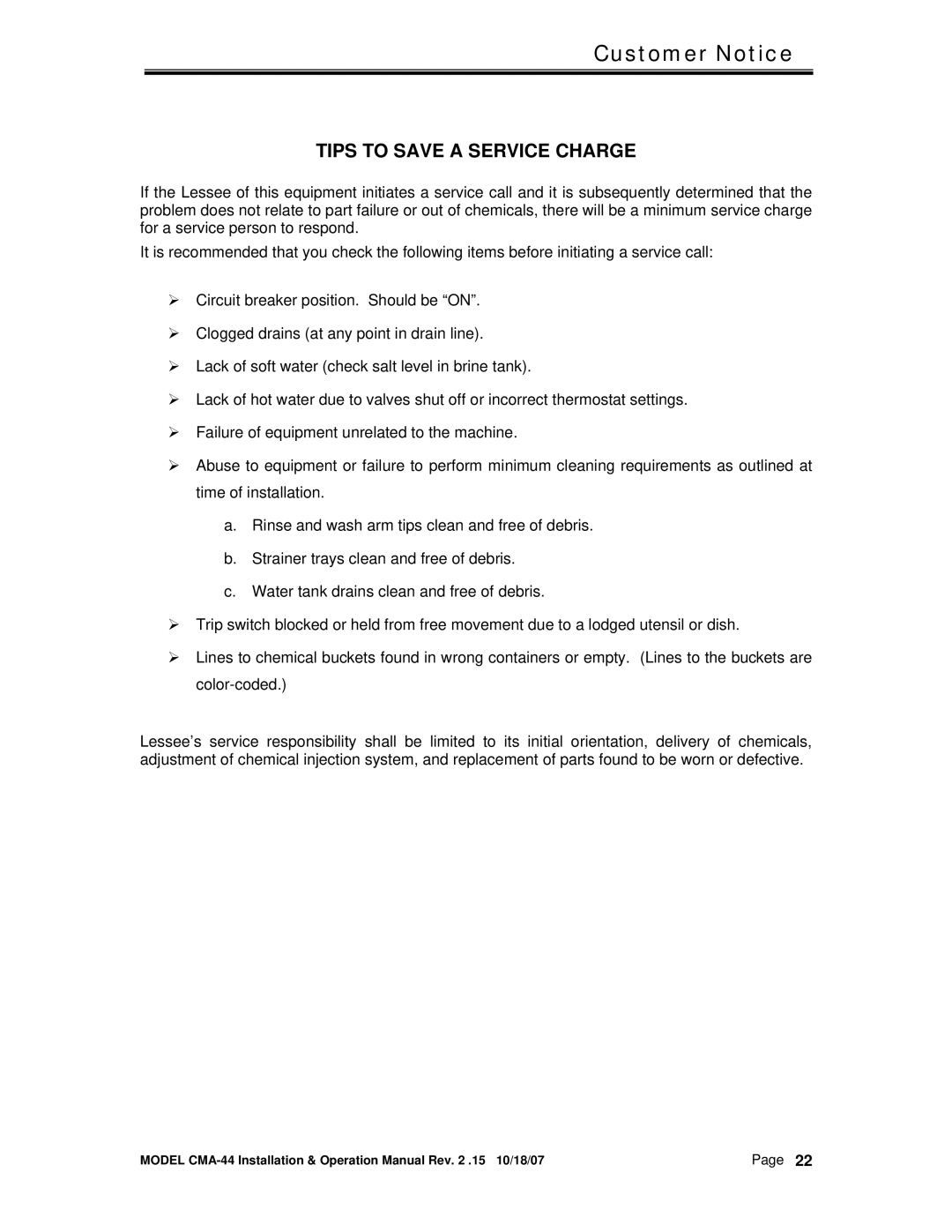 CMA Dishmachines CMA-44 manual Tips to Save a Service Charge 