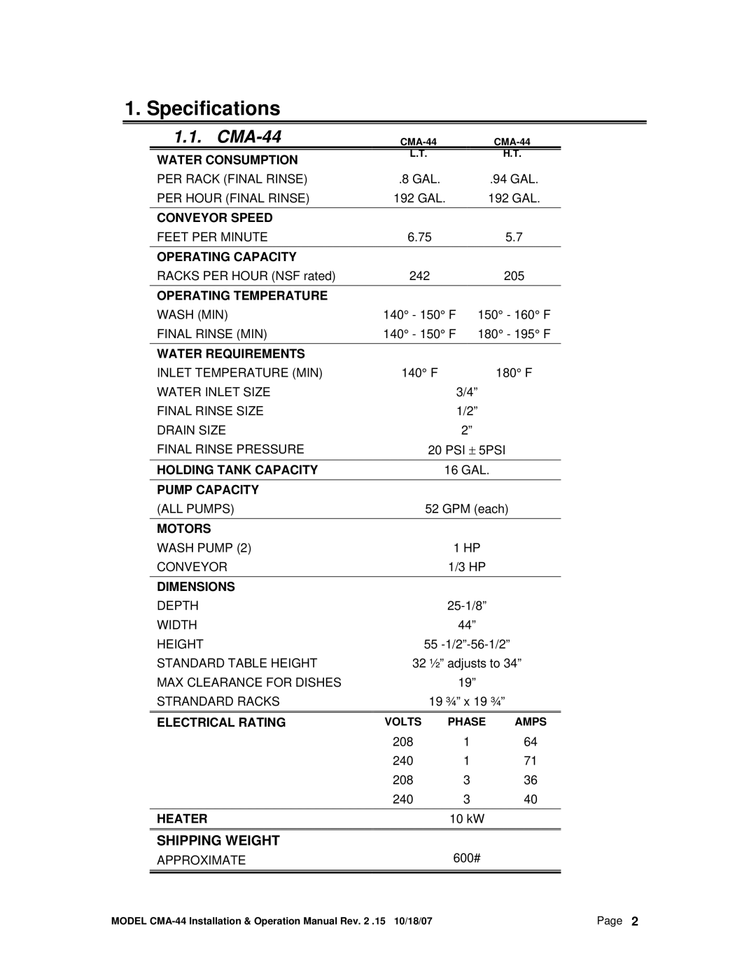 CMA Dishmachines CMA-44 manual Specifications 