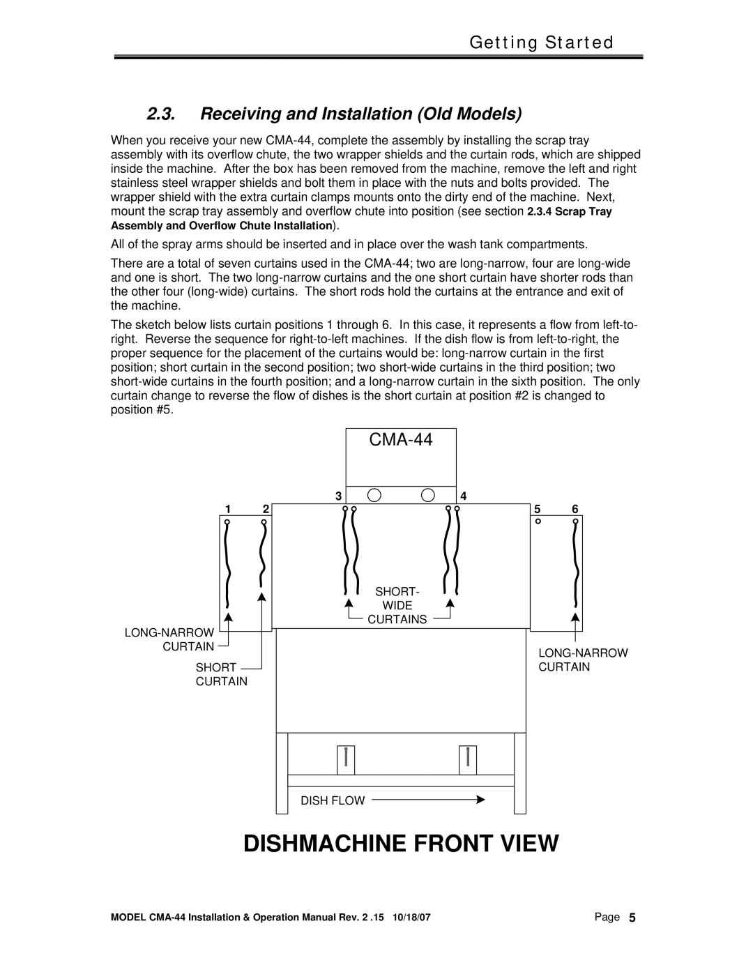 CMA Dishmachines CMA-44 manual Receiving and Installation Old Models 