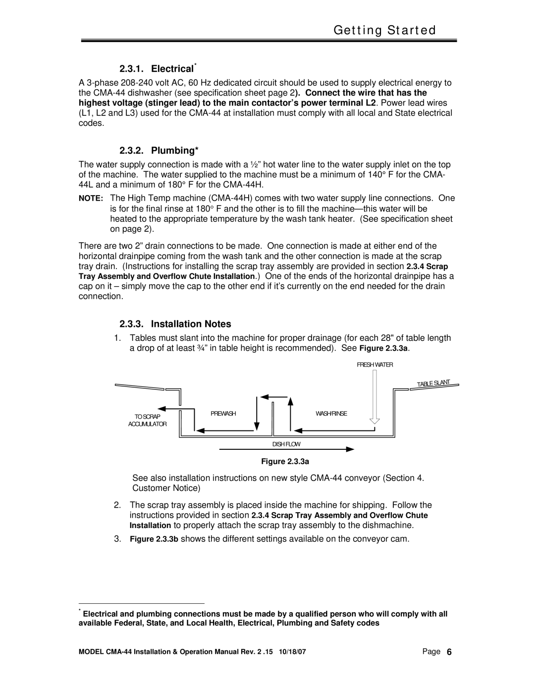 CMA Dishmachines CMA-44 manual Electrical, Plumbing, Installation Notes 