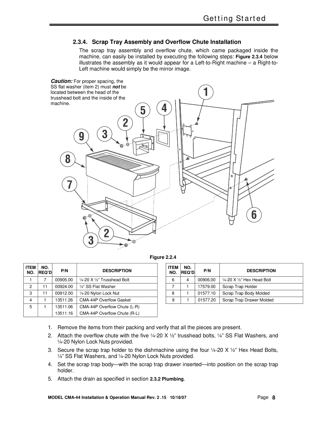 CMA Dishmachines CMA-44 manual Scrap Tray Assembly and Overflow Chute Installation, Req’D 