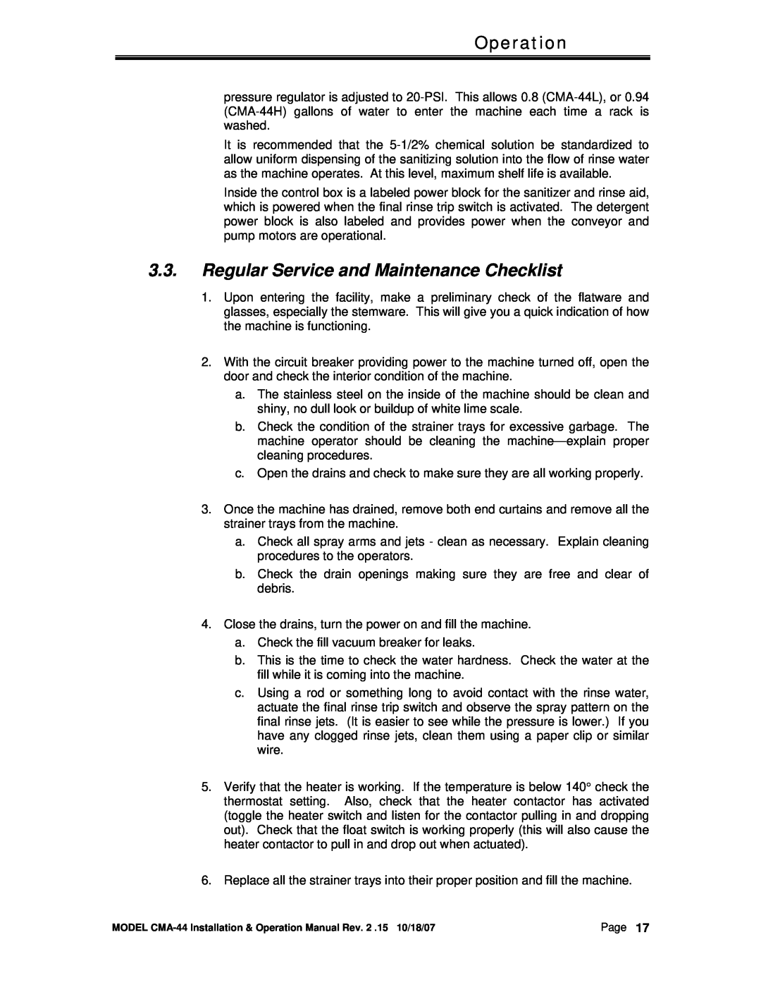CMA Dishmachines CMA-44 manual Regular Service and Maintenance Checklist, Operation 