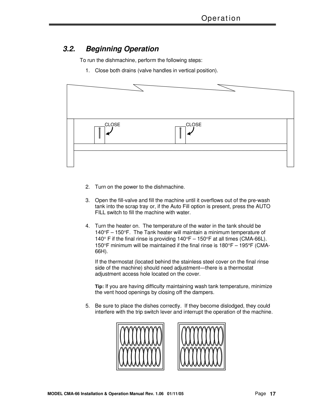 CMA Dishmachines CMA-66 manual Beginning Operation 