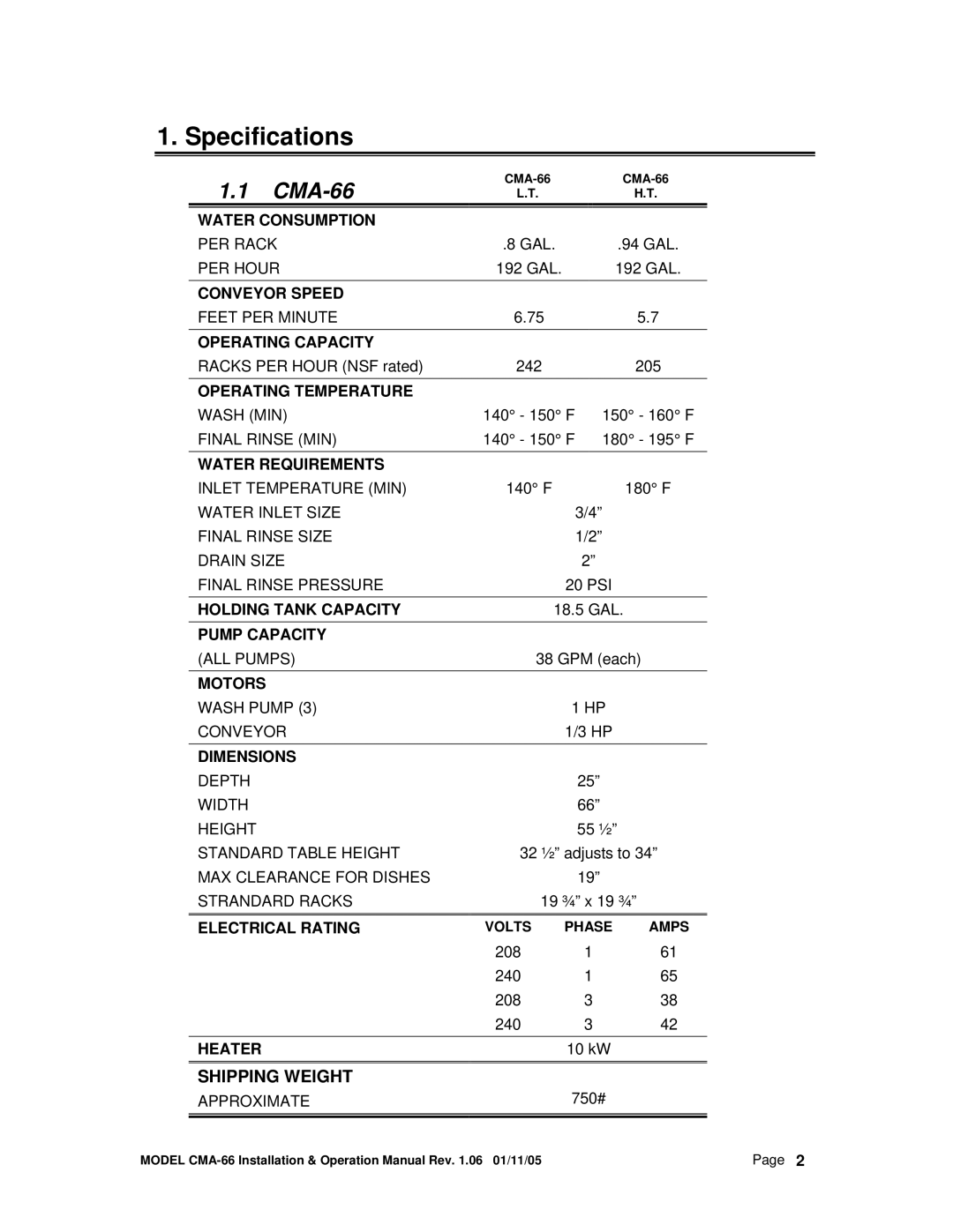 CMA Dishmachines CMA-66 manual Specifications 