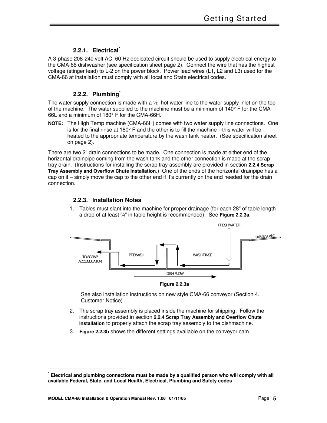 CMA Dishmachines CMA-66 manual Electrical, Plumbing, Installation Notes 