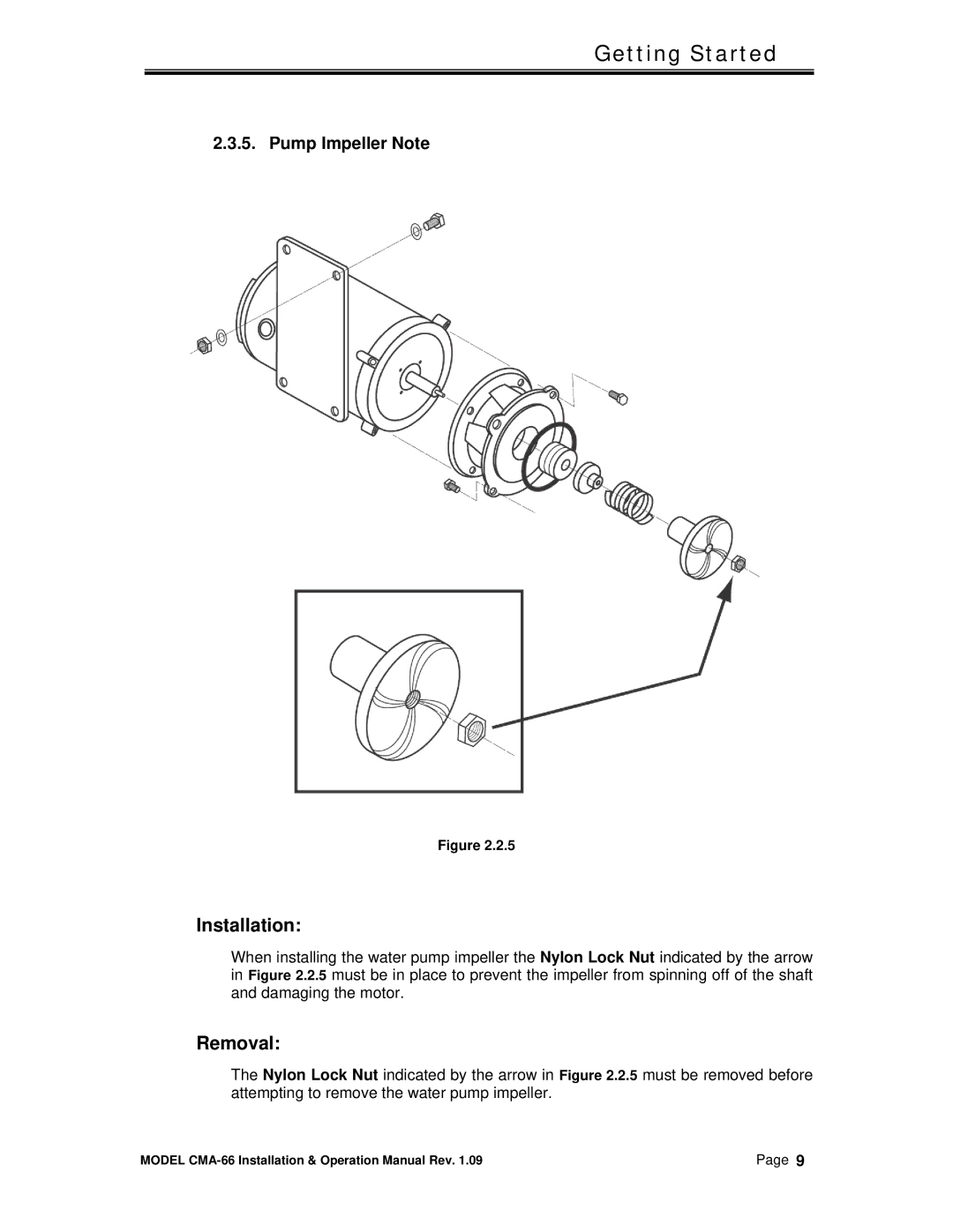 CMA Dishmachines CMA-66 manual Installation, Pump Impeller Note 