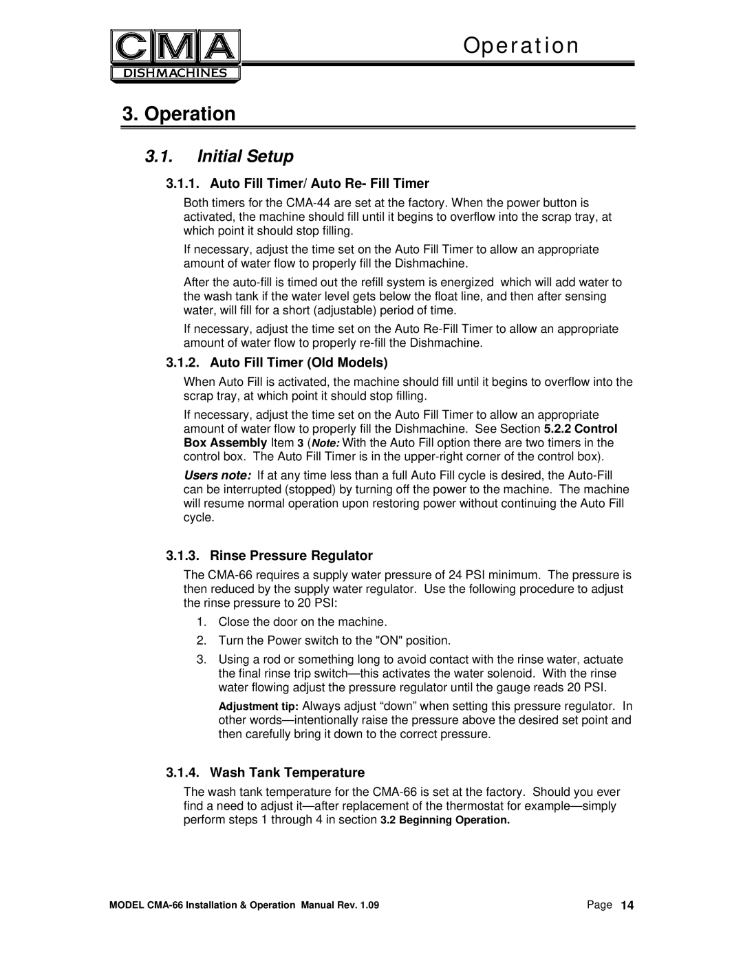 CMA Dishmachines CMA-66 manual Initial Setup, Auto Fill Timer/ Auto Re- Fill Timer, Auto Fill Timer Old Models 