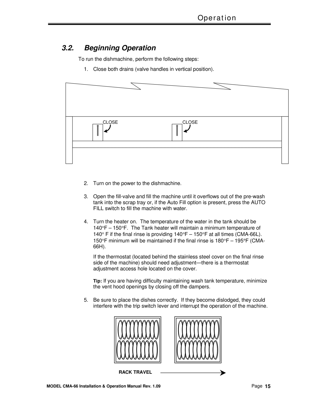 CMA Dishmachines CMA-66 manual Beginning Operation 