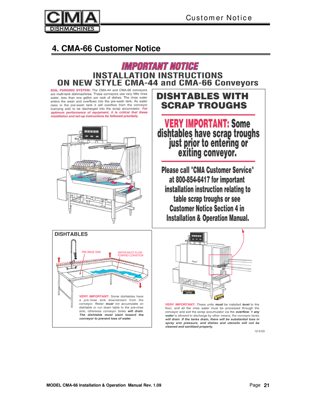 CMA Dishmachines manual CMA-66 Customer Notice 