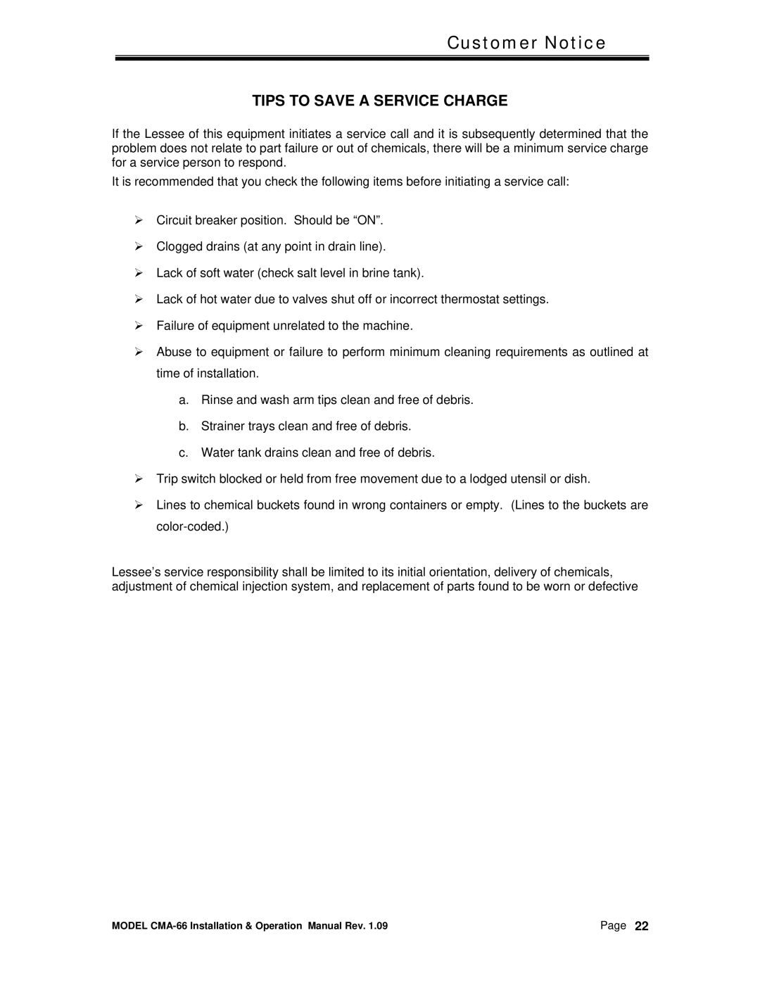 CMA Dishmachines CMA-66 manual Tips to Save a Service Charge 