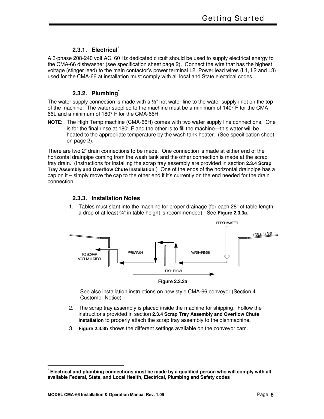 CMA Dishmachines CMA-66 manual Electrical, Plumbing, Installation Notes 