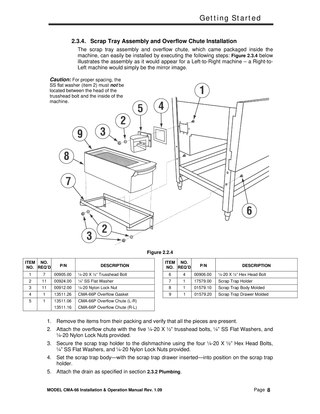 CMA Dishmachines CMA-66 manual Scrap Tray Assembly and Overflow Chute Installation, Req’D 