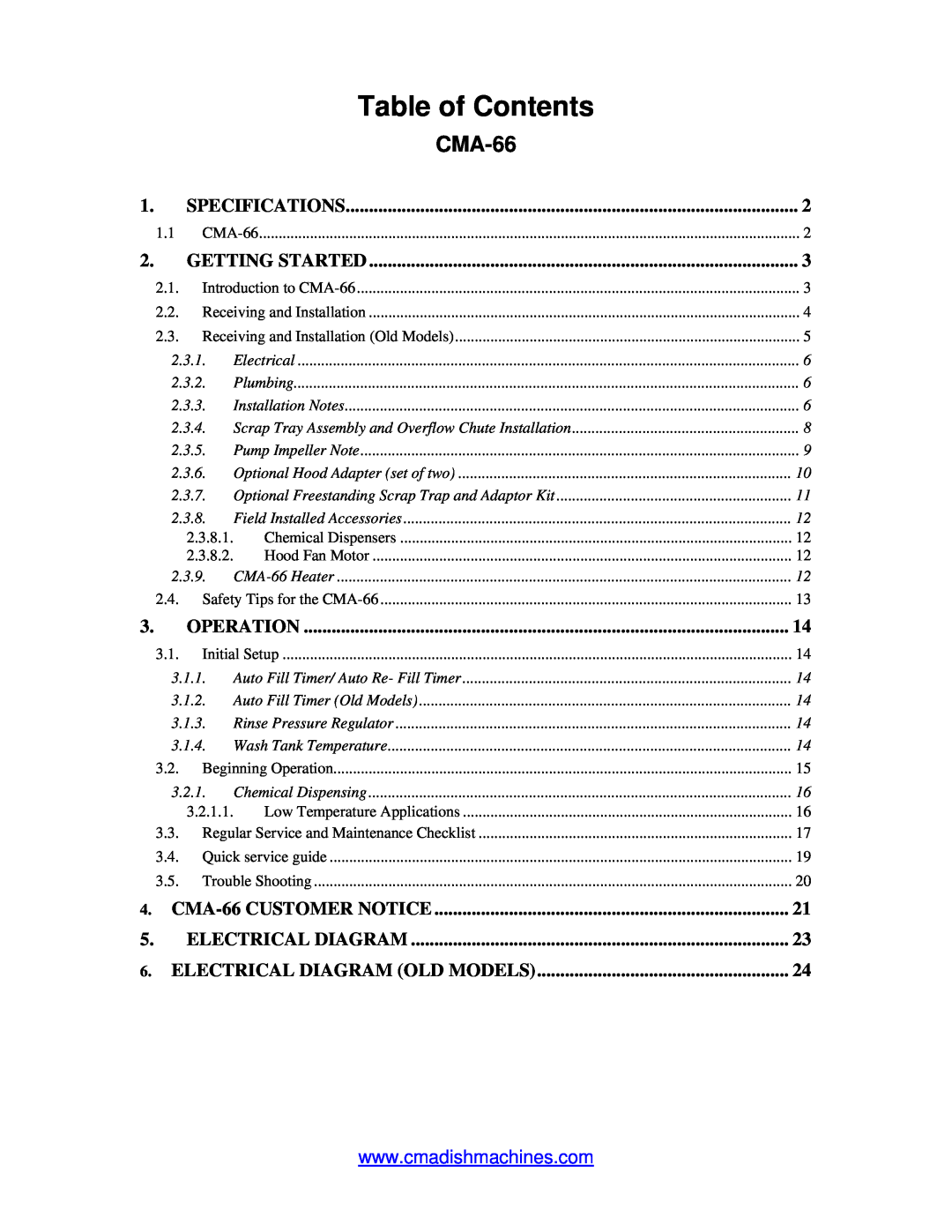 CMA Dishmachines CMA-66 manual Table of Contents 