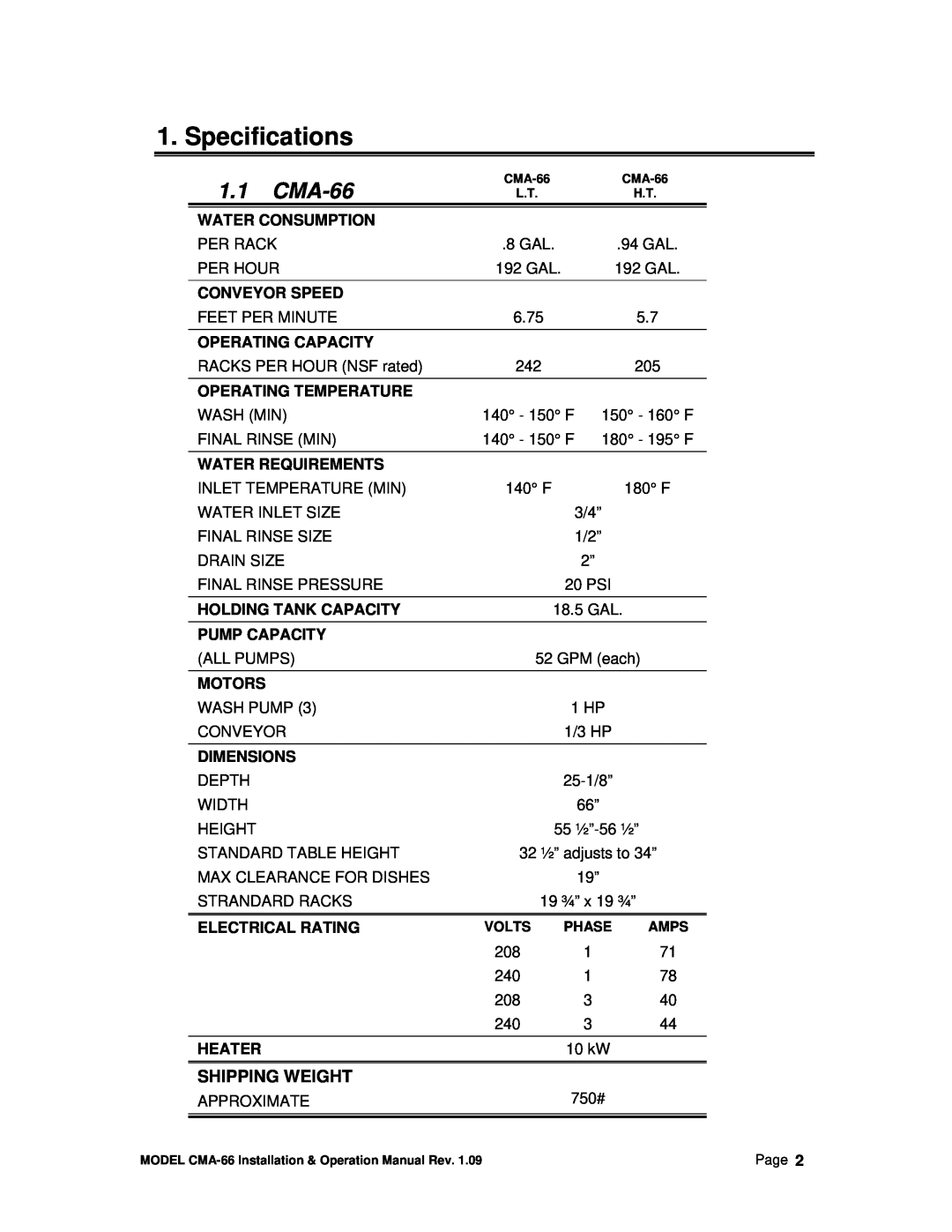 CMA Dishmachines CMA-66 manual Specifications, Shipping Weight 