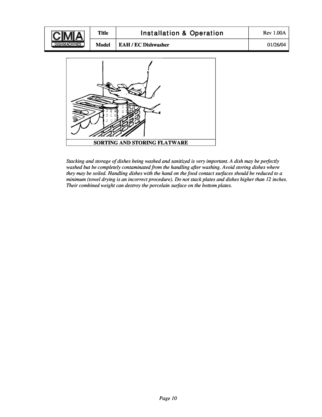 CMA Dishmachines EAH/EC owner manual Installation & Operation, Title, Rev 1.00A, Model, EAH / EC Dishwasher, 01/26/04 