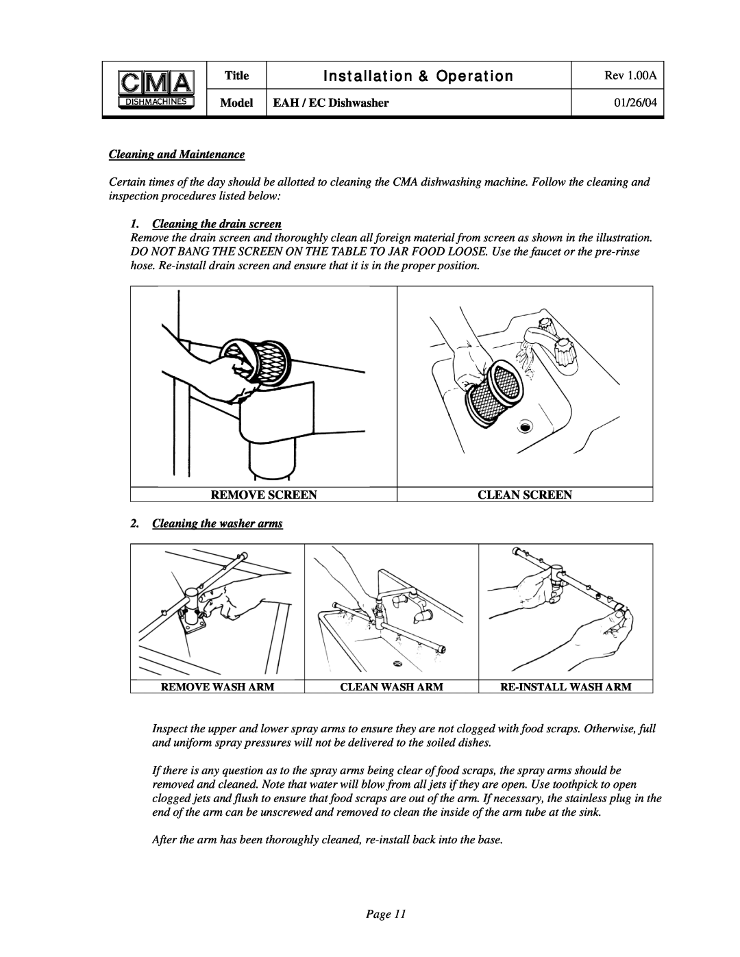 CMA Dishmachines EAH/EC Cleaning and Maintenance, Cleaning the drain screen, Cleaning the washer arms, Title, Rev 1.00A 
