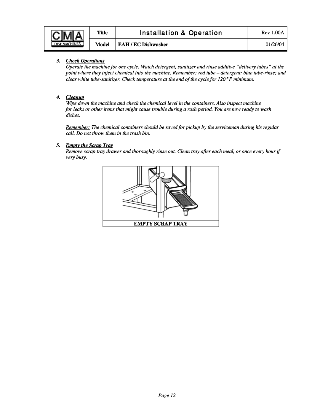 CMA Dishmachines EAH/EC Check Operations, Cleanup, Empty the Scrap Tray, Installation & Operation, Title, Rev 1.00A, Model 