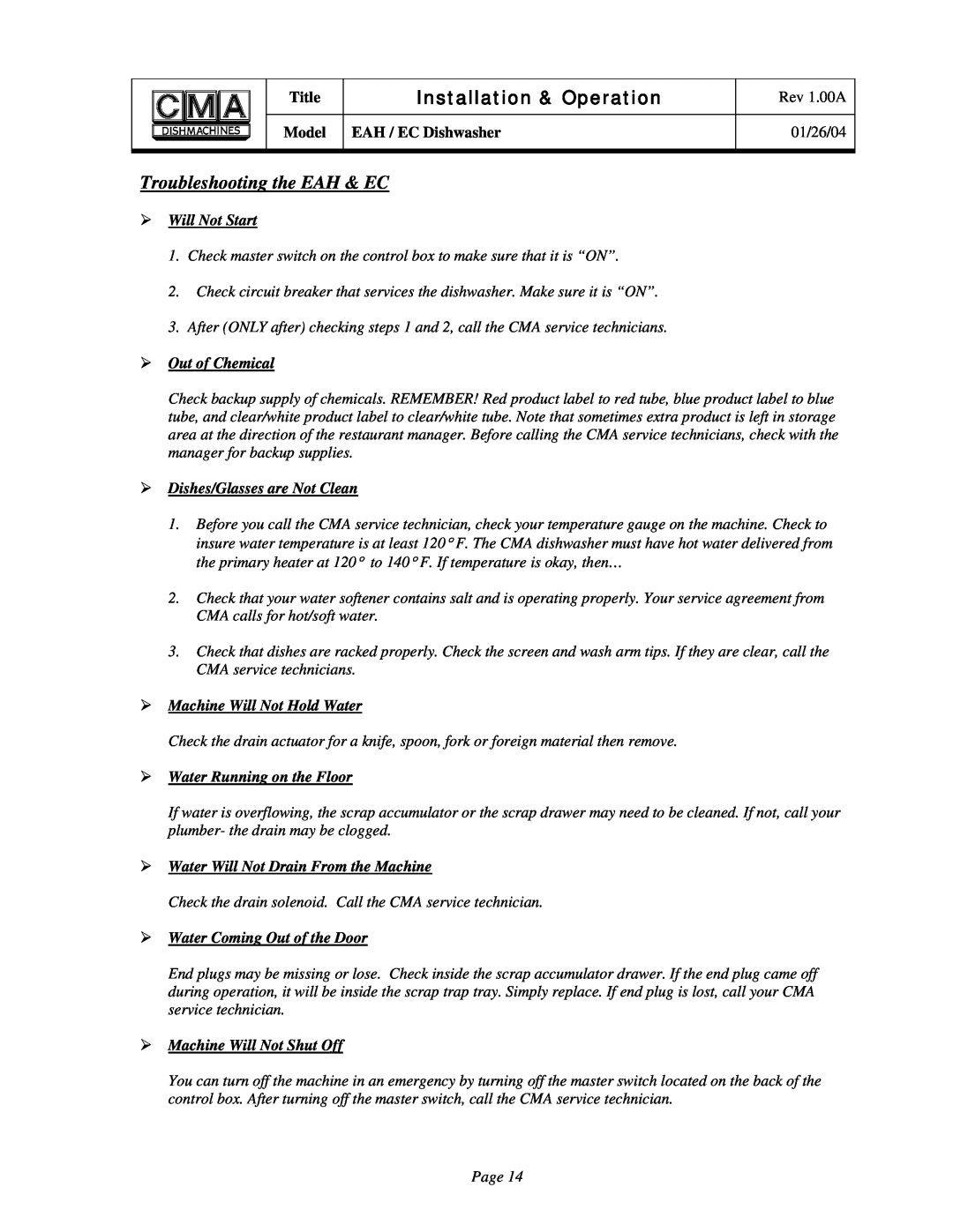 CMA Dishmachines EAH/EC Troubleshooting the EAH & EC, Will Not Start, Out of Chemical, Dishes/Glasses are Not Clean 