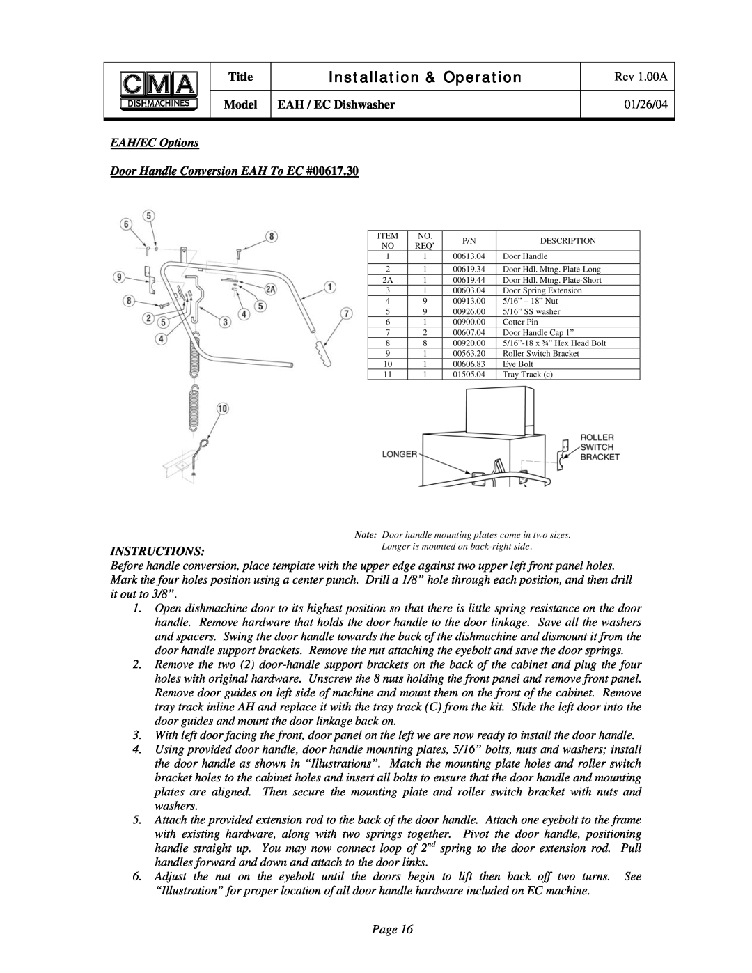 CMA Dishmachines owner manual EAH/EC Options, Door Handle Conversion EAH To EC #00617.30, Installation & Operation 