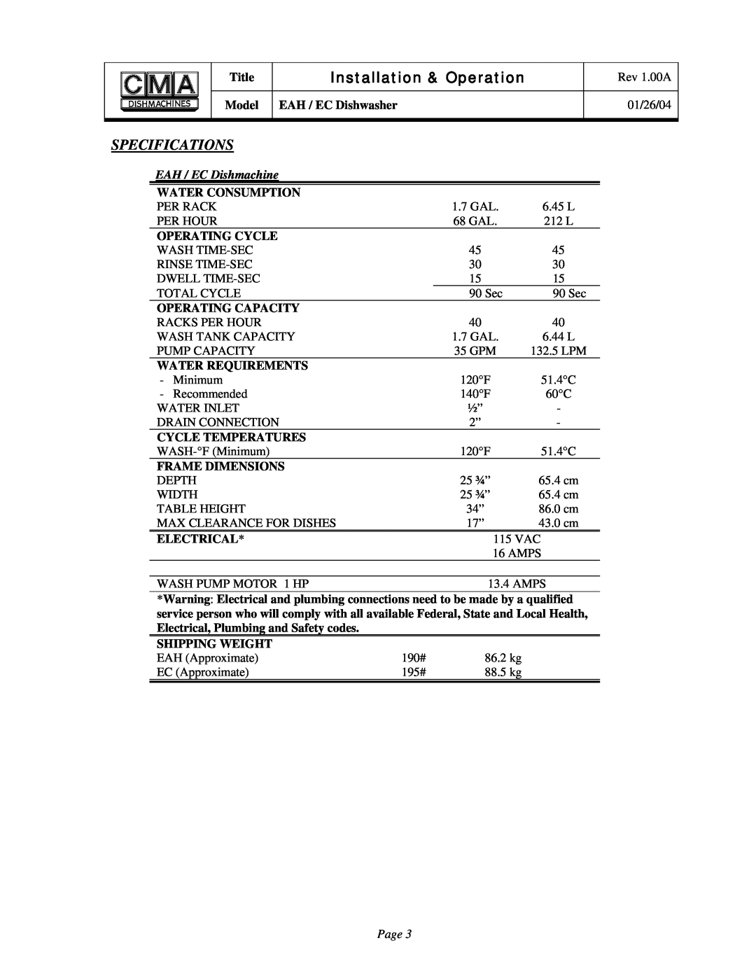 CMA Dishmachines EAH/EC owner manual Specifications, EAH / EC Dishmachine, Installation & Operation 