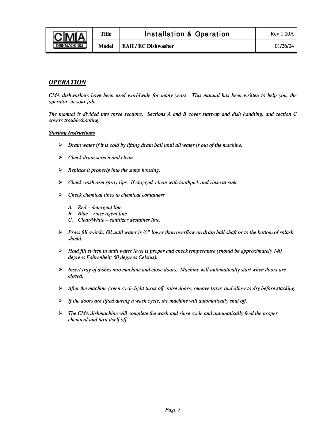 CMA Dishmachines EAH/EC owner manual Starting Instructions, Installation & Operation 