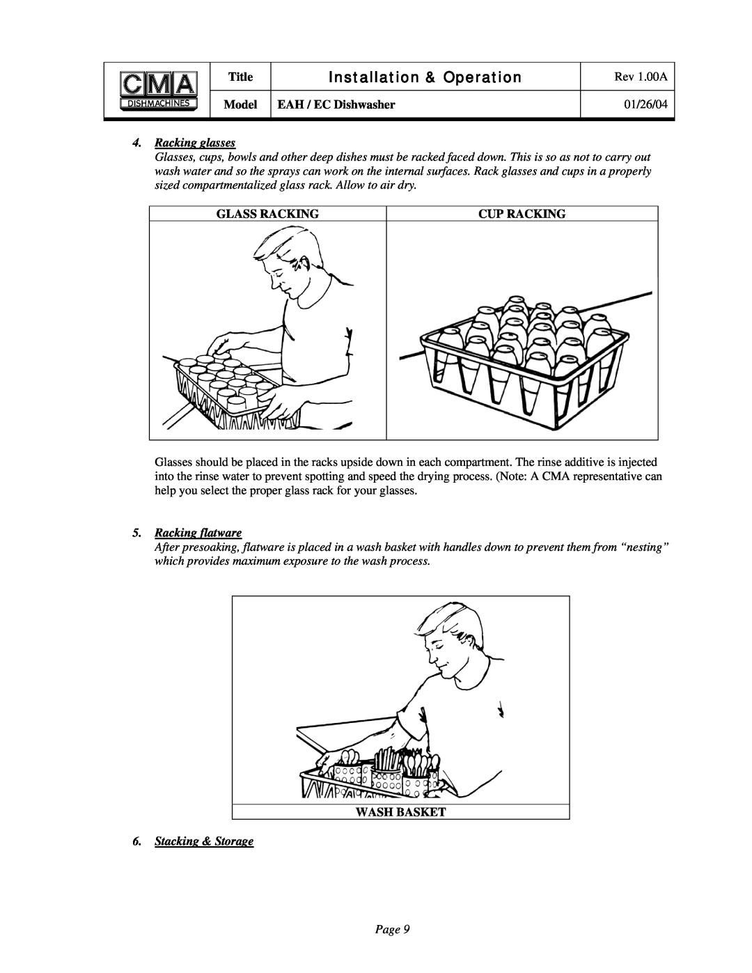 CMA Dishmachines EAH/EC Racking glasses, Racking flatware, Stacking & Storage, Installation & Operation, Title, Rev 1.00A 