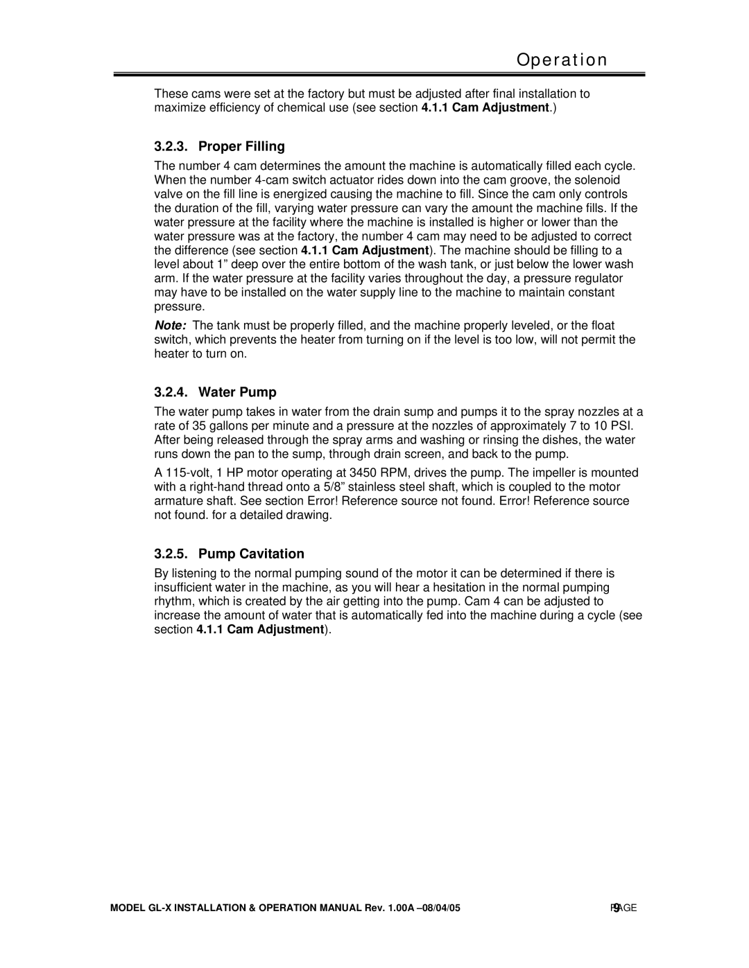 CMA Dishmachines GL-X manual Proper Filling, Water Pump, Pump Cavitation 