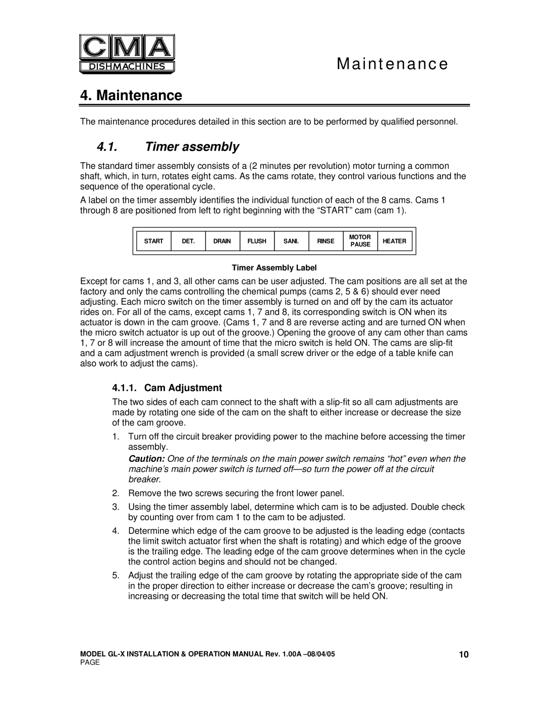 CMA Dishmachines GL-X manual Maintenance, Timer assembly, Cam Adjustment 