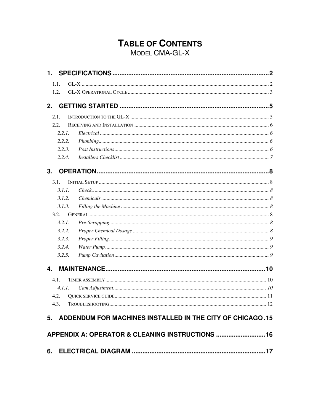 CMA Dishmachines GL-X manual Table of Contents 