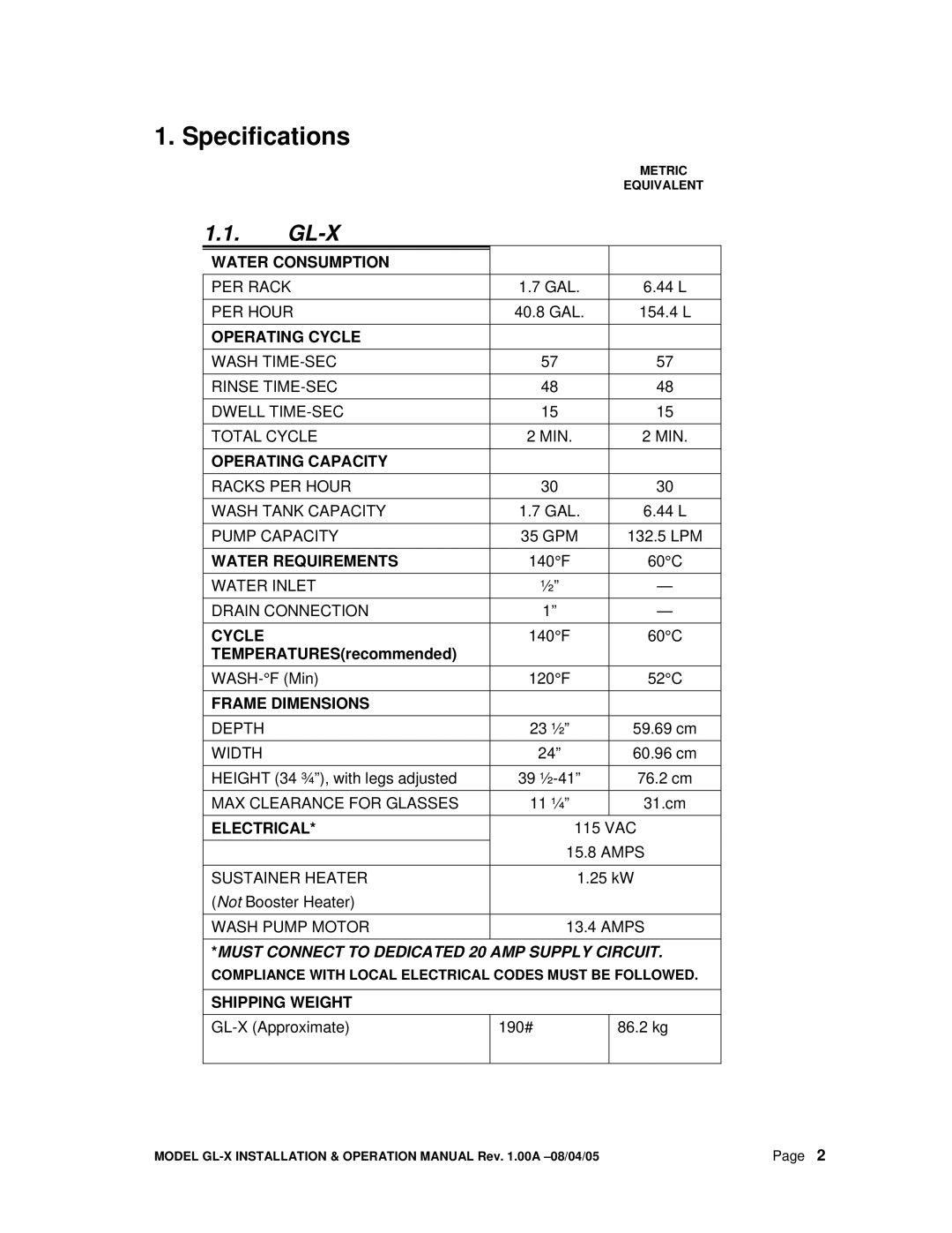 CMA Dishmachines GL-X manual Specifications, Gl-X 