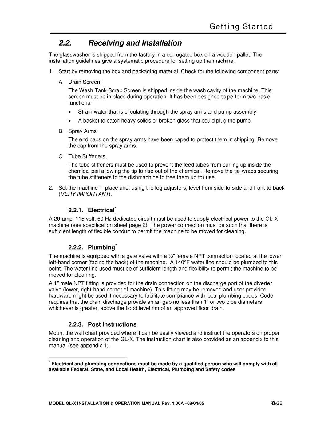 CMA Dishmachines GL-X manual Receiving and Installation, Electrical, Plumbing, Post Instructions 