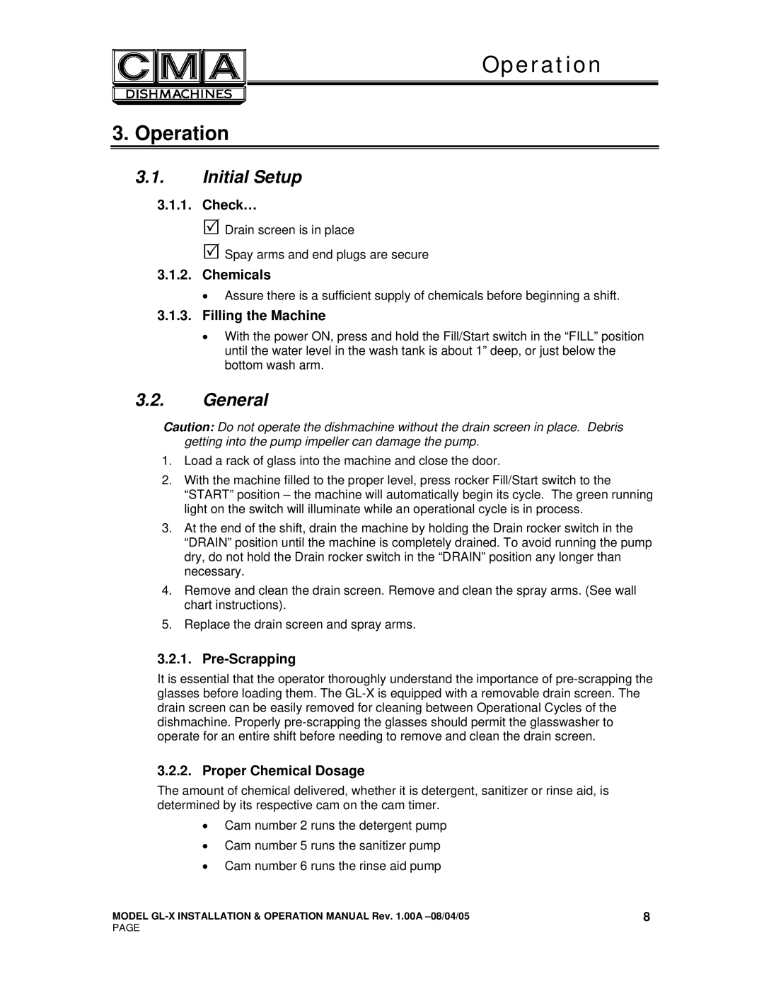 CMA Dishmachines GL-X manual Operation, Initial Setup, General 