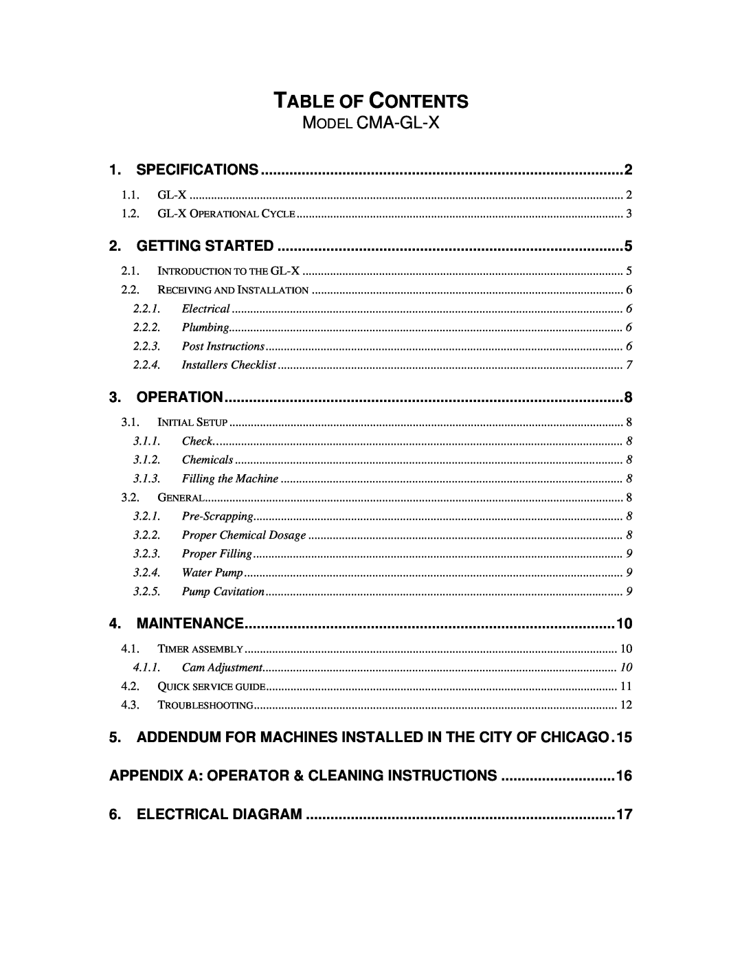 CMA Dishmachines GL-X owner manual Table Of Contents, Model Cma-Gl-X 