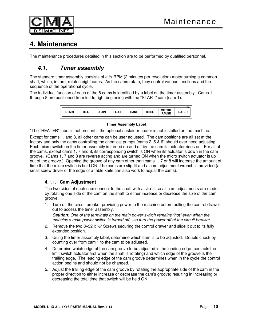 CMA Dishmachines L-1X16 manual Maintenance, Timer assembly, Cam Adjustment 