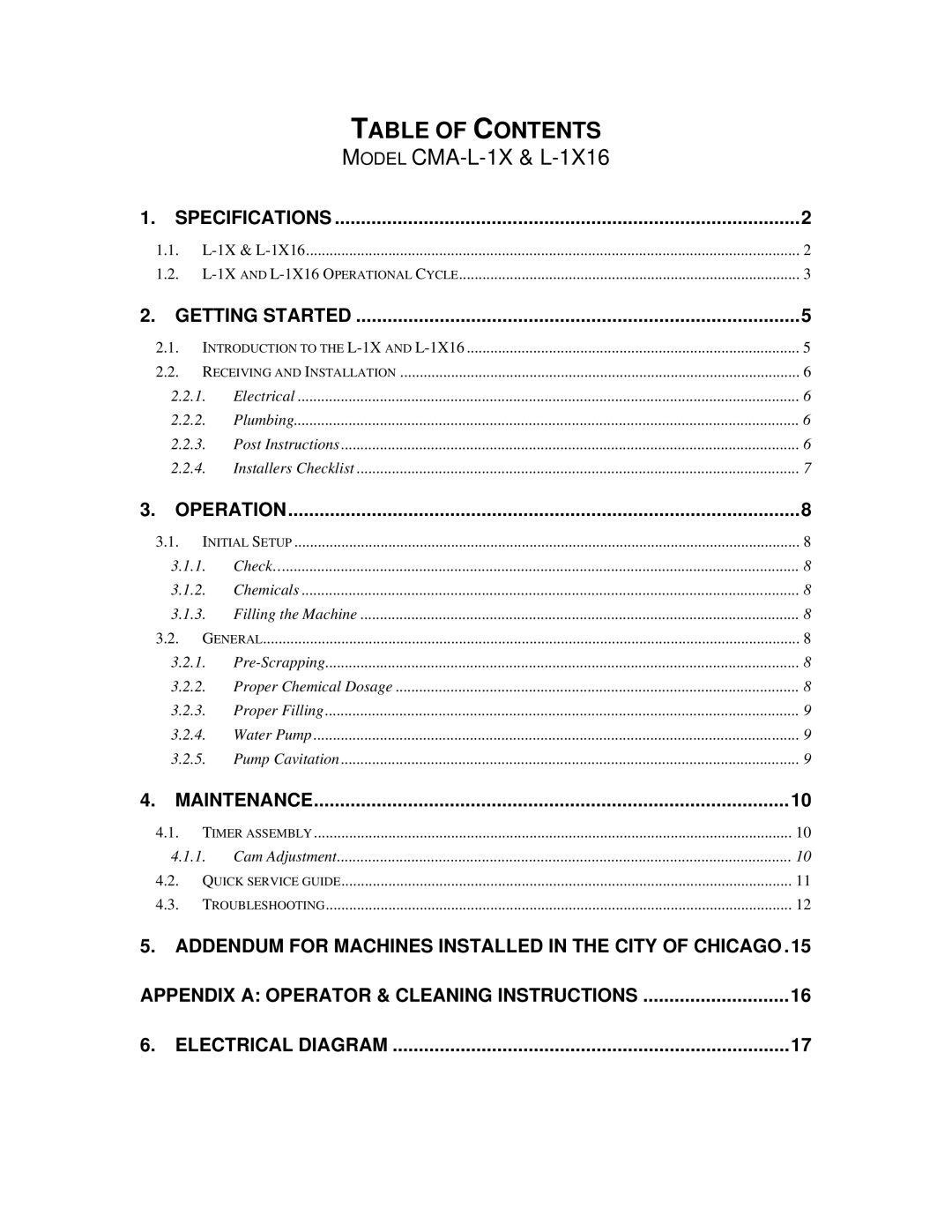 CMA Dishmachines L-1X16 manual Table of Contents 