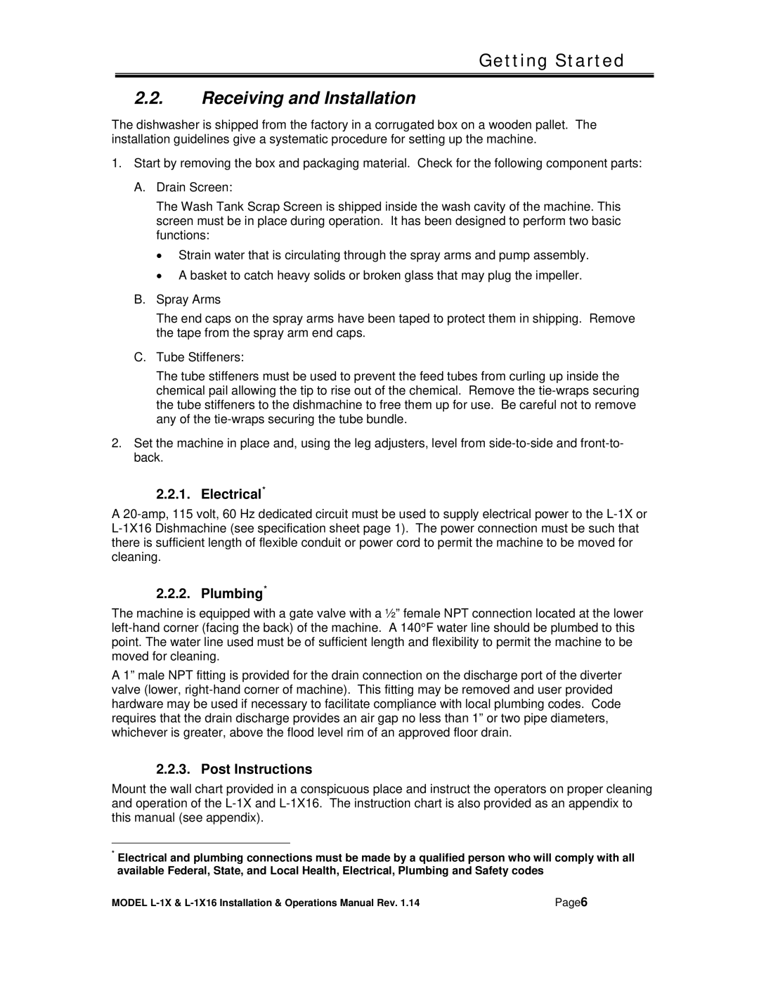 CMA Dishmachines L-1X16 manual Receiving and Installation, Electrical, Plumbing, Post Instructions 