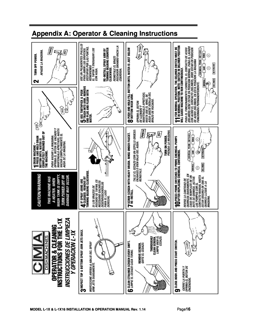 CMA Dishmachines L-1X16 manual Appendix A Operator & Cleaning Instructions, Page16 