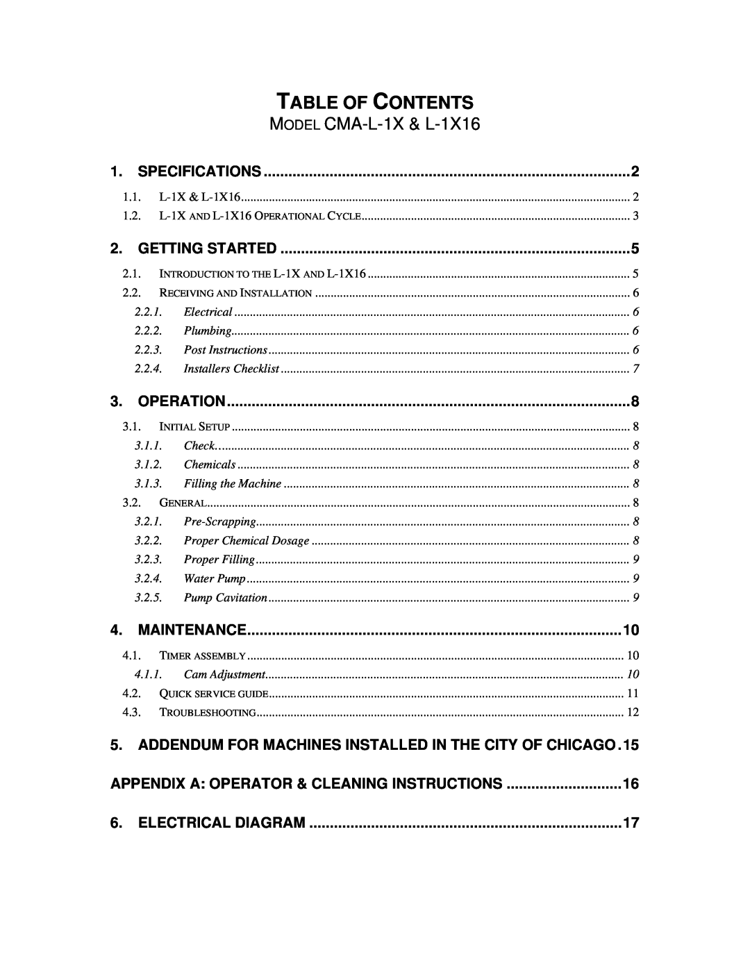 CMA Dishmachines manual Table Of Contents, MODEL CMA-L-1X& L-1X16 