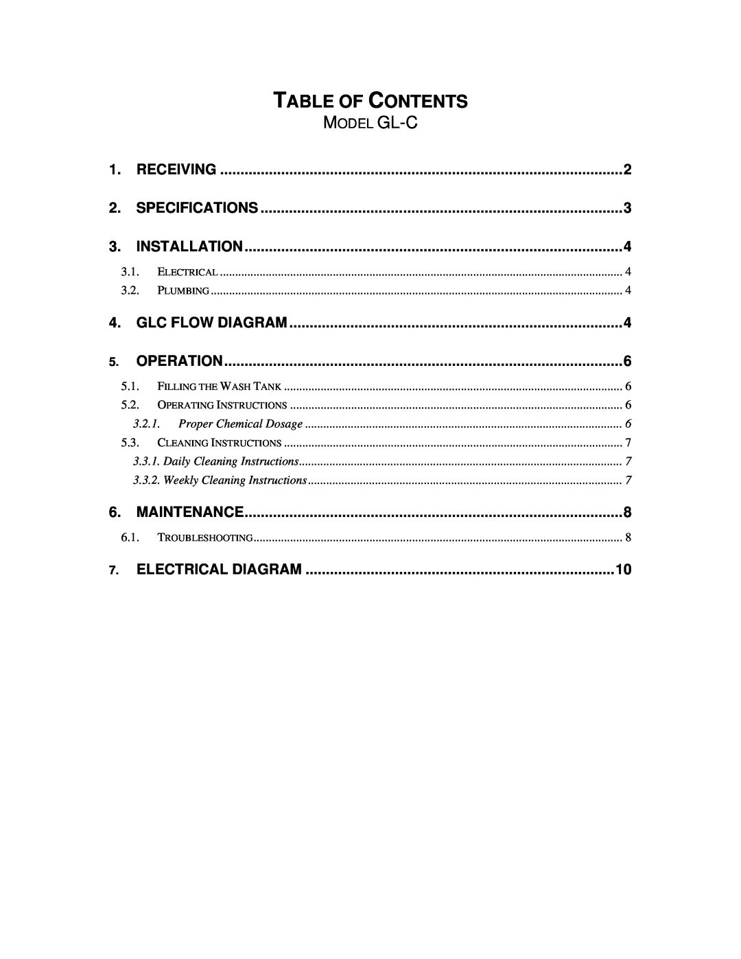CMA Dishmachines MODEL GL-C manual Table Of Contents, Model Gl-C 