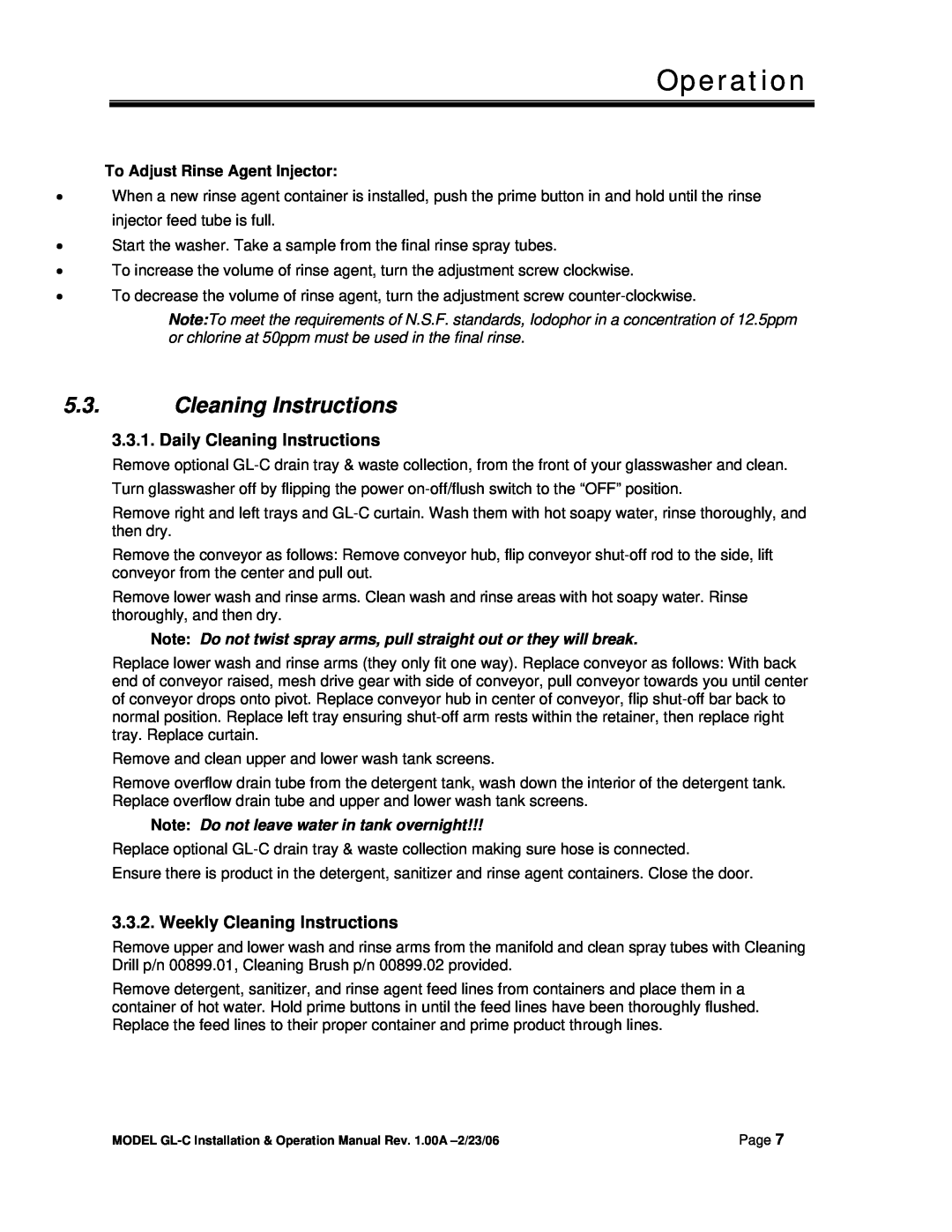 CMA Dishmachines MODEL GL-C manual Operation, Daily Cleaning Instructions, Weekly Cleaning Instructions 