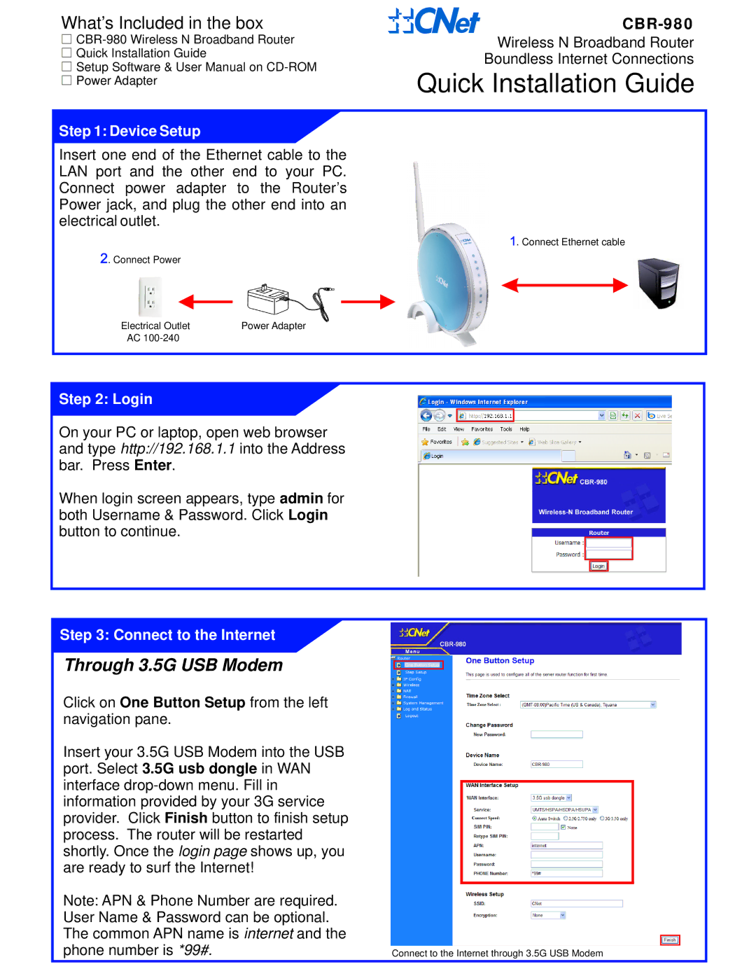 CNET CBR-980 user manual Quick Installation Guide, What’s Included in the box, Through 3.5G USB Modem 