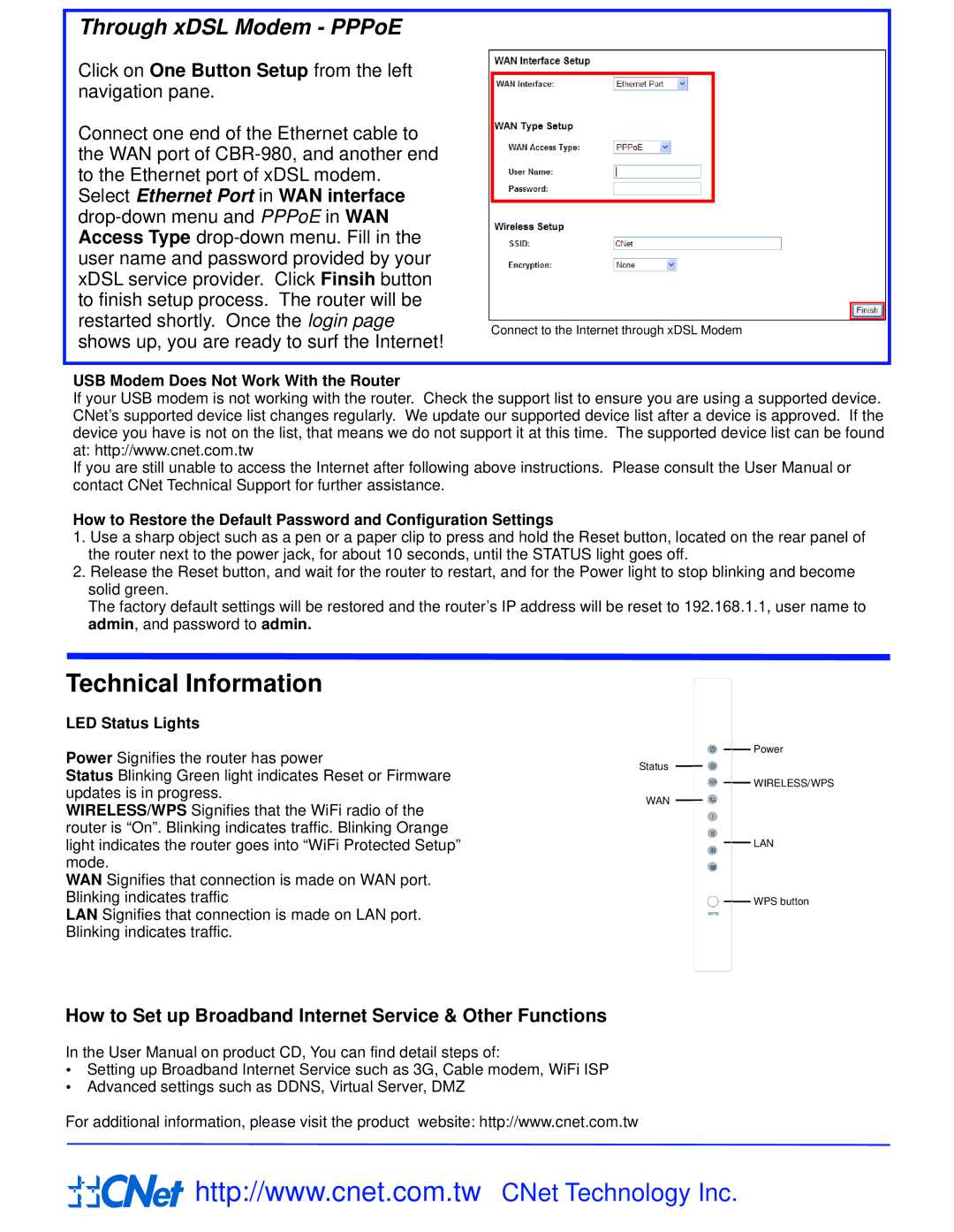 CNET CBR-980 Technical Information, Through xDSL Modem PPPoE, How to Set up Broadband Internet Service & Other Functions 