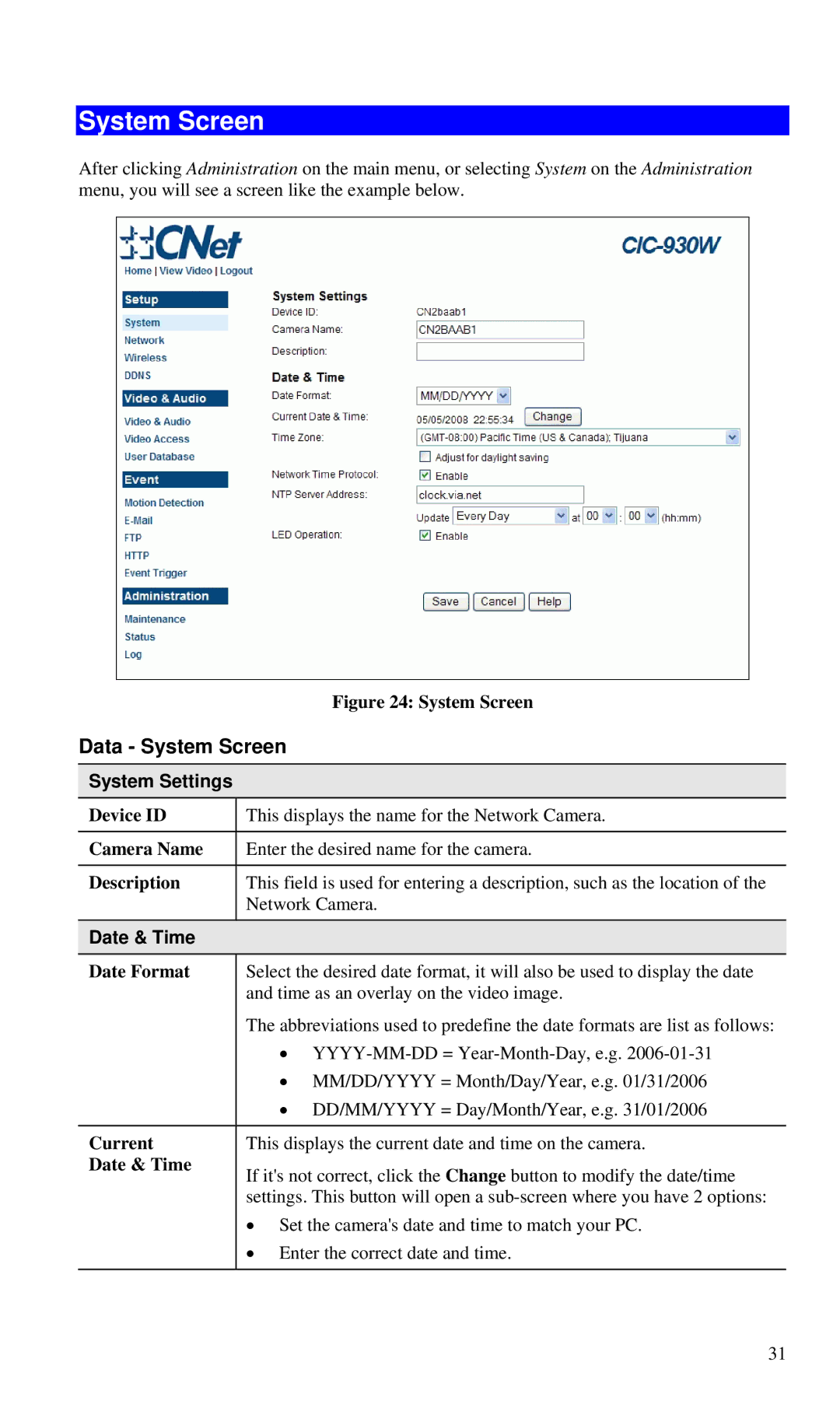 CNET CIC-930W manual Data System Screen, System Settings, Date & Time 