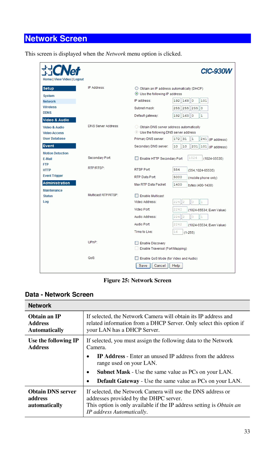 CNET CIC-930W manual Data Network Screen 