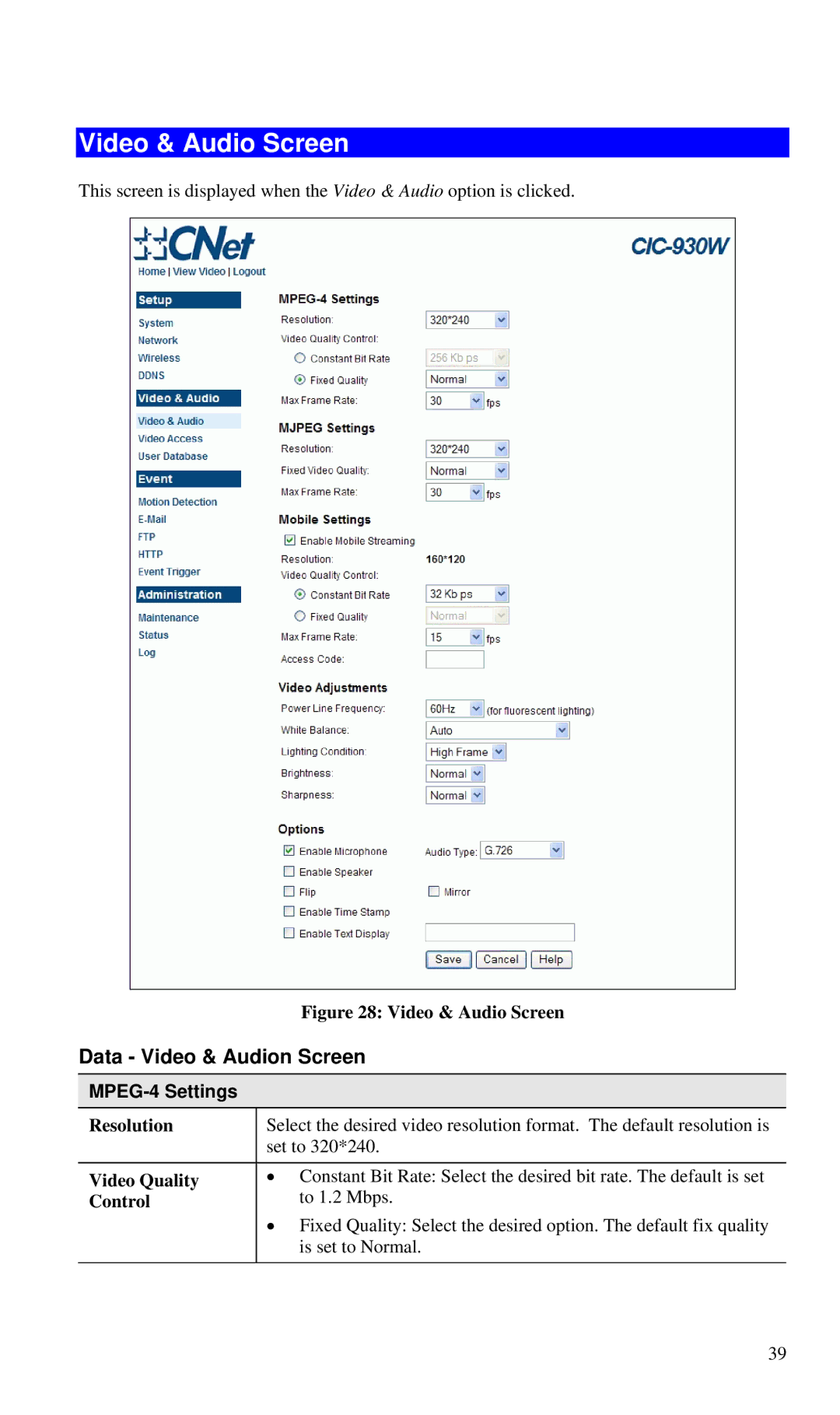 CNET CIC-930W manual Video & Audio Screen, Data Video & Audion Screen 