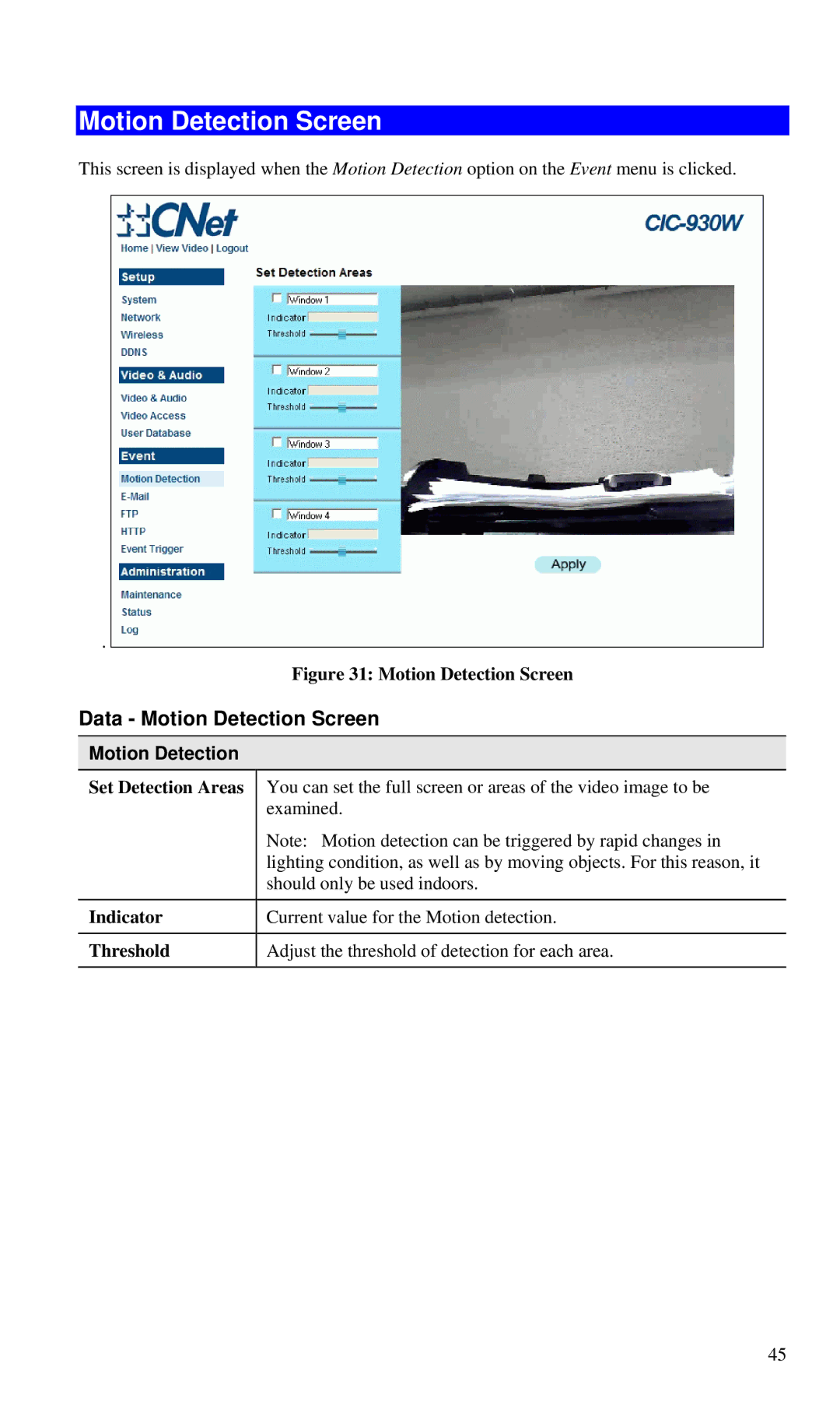 CNET CIC-930W manual Data Motion Detection Screen 