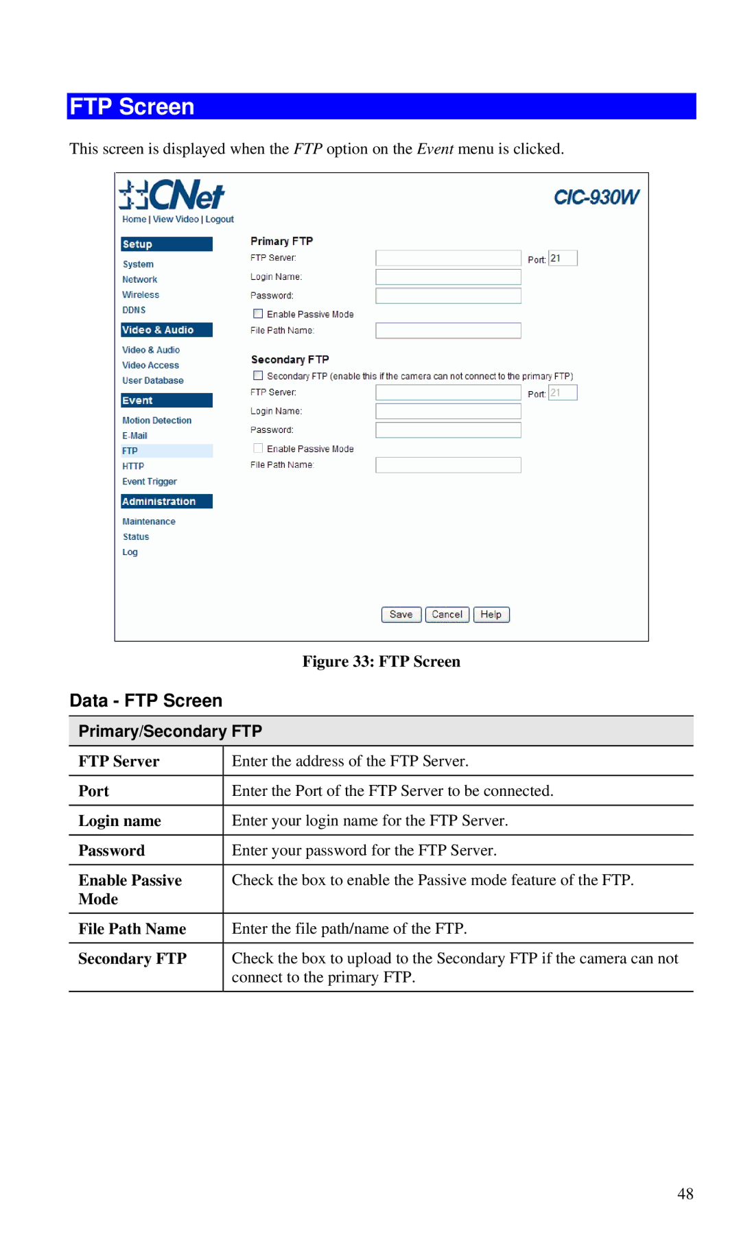 CNET CIC-930W manual Data FTP Screen, Primary/Secondary FTP 