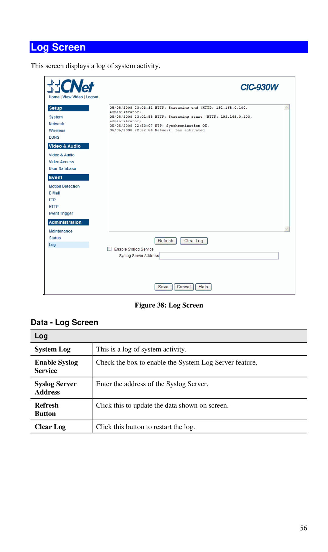 CNET CIC-930W manual Data Log Screen 